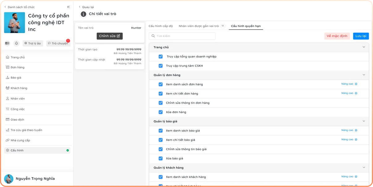 Màn hình cấu hình phân quyền theo vai trò và module